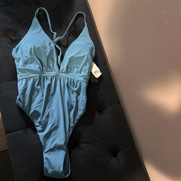 BCBG MAXAZRIA Core Solids Plunge One Piece Swimsuit 10 Teal - Picture 3 of 6